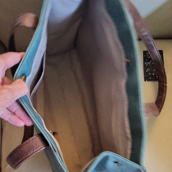 Classic Teal and Brown Tote Bag with Brown Faux Leather Accents - Picture 5 of 13